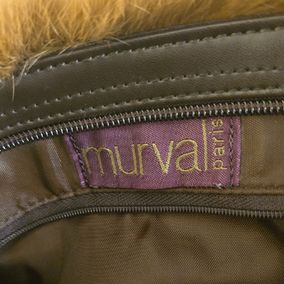 White and Brown Purse with Plush Fur Trim - Picture 2 of 10